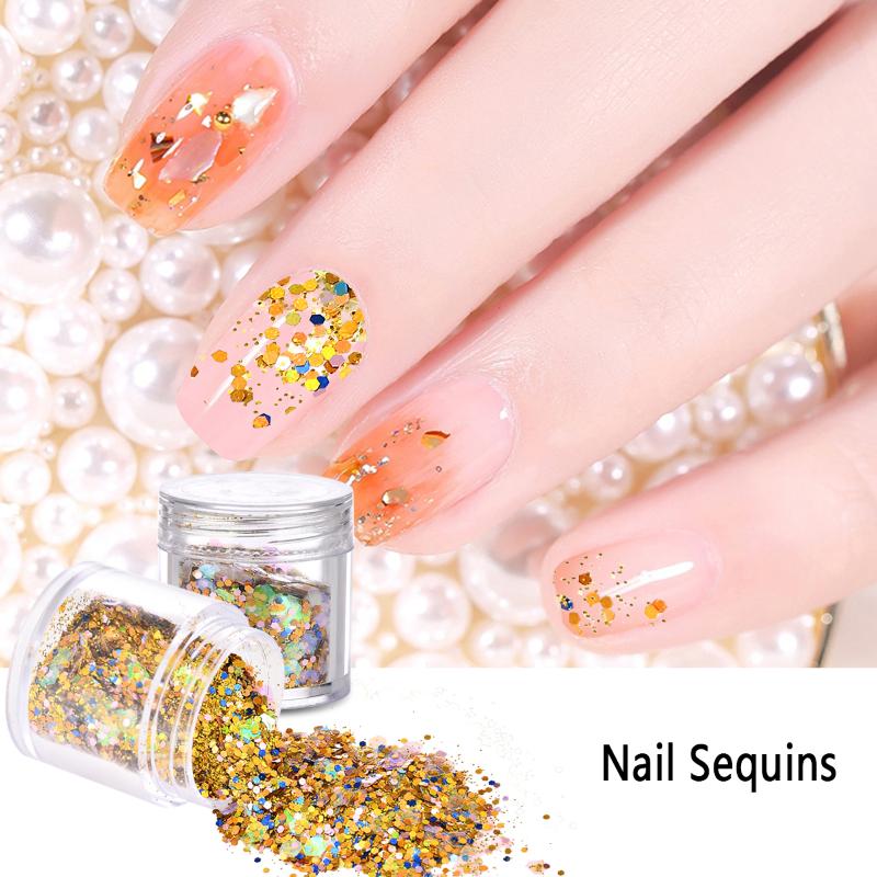 

1 Box 16g Mixed Laser Nail Art Powder Decoration Golden Color Manicure Shine Hexagon Sequins Nail Glitter Dust