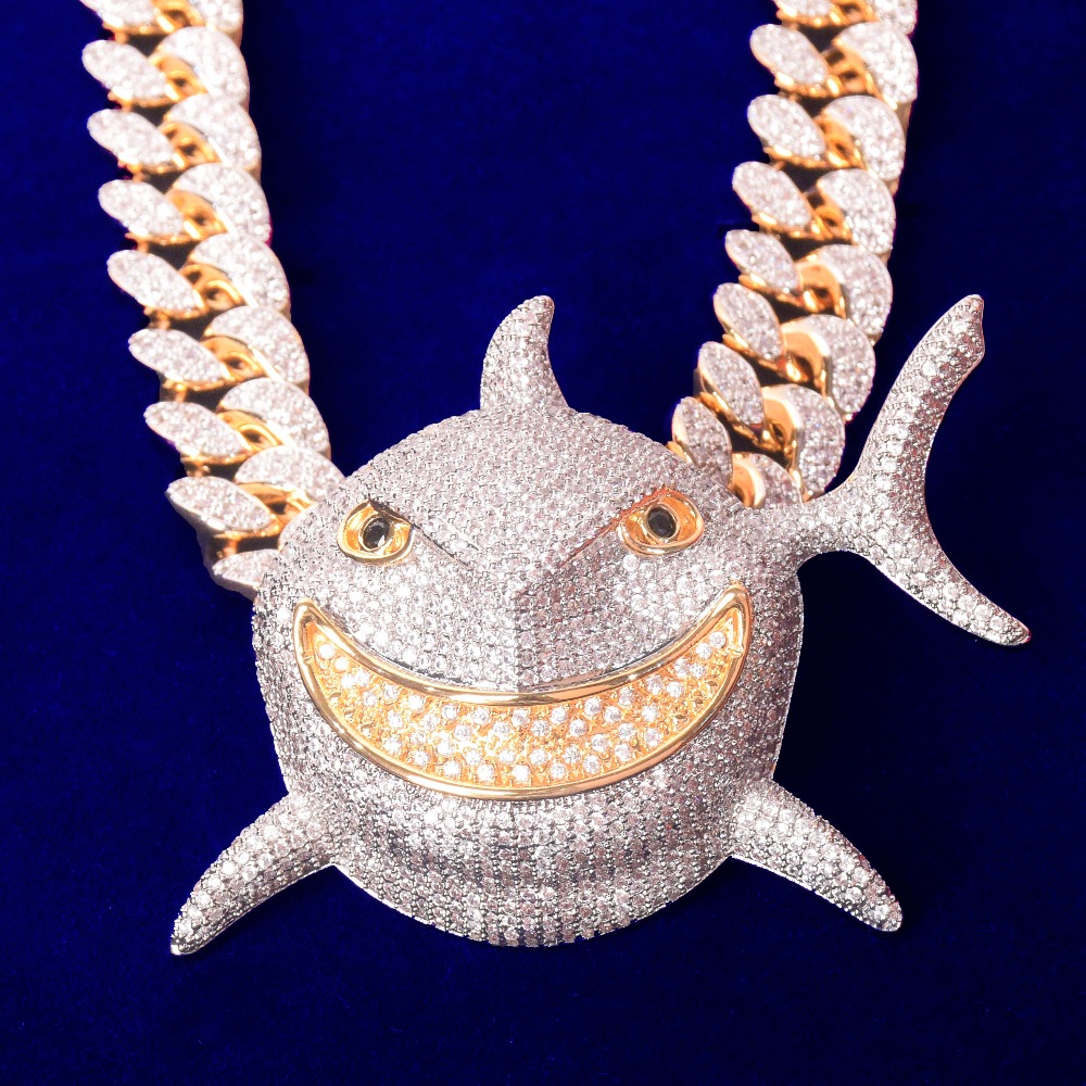 

Full Zircon Animal Shark Pendant With 20MM Cuban Chain Necklace Gold Color Charm Men's Hip hop Rock Street Jewelr