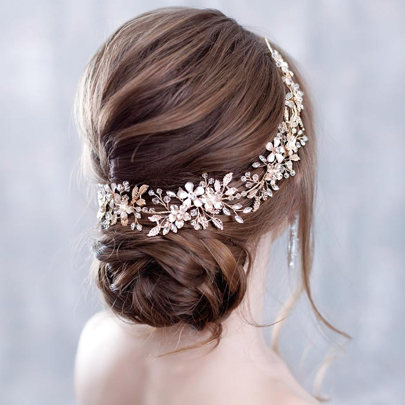 

Trendy Bridal Flower Wedding Headband Gold Leaf Rhinestone Bride Headpiece Crystal Women Hairband Wedding Hair Accessories