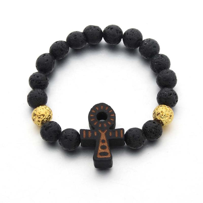 

Hot Sale Natural Stone Bracelet cross gold Stones Bracelet For Men Charm Howlite Stone And Volcanic Rock Lava