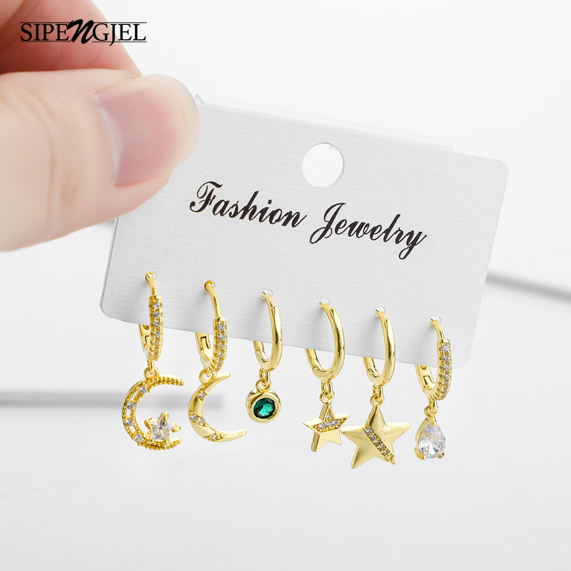 

New Design Double Star And Moon Crystal Set Earrings Clssic Charm Korean Women Earrings Sets For Girls Party Jewellery 2020