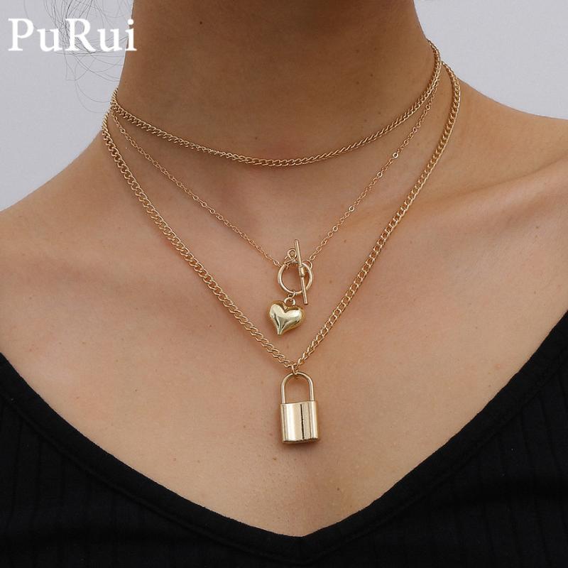 

Purui Punk Lock Pedant Necklace for Women Gothic Sweet Heart Lariat Choker Necklace Gold Color Cuban Chains Couple Rock Collar