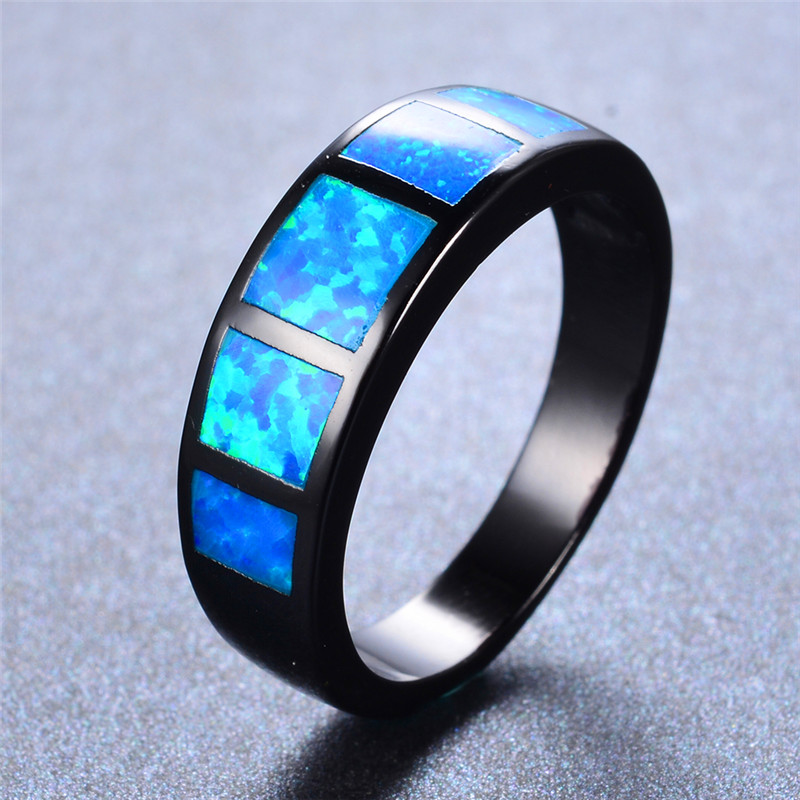

Boho Female Blue Fire Opal Ring Vintage 14KT Black Gold Wedding Rings For Women Promise Love Small Square Engagement Ring