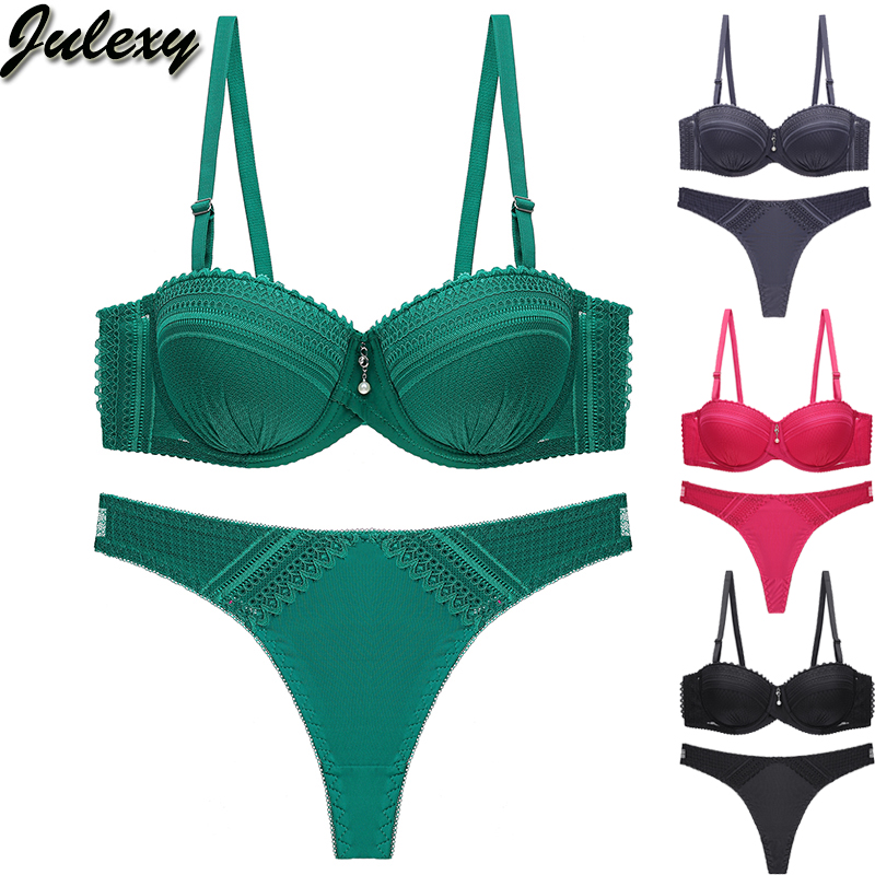 

Julexy New 2020 sexy solid bra set for women thong Push up lace underwear set B C cup bra and panty, Beige