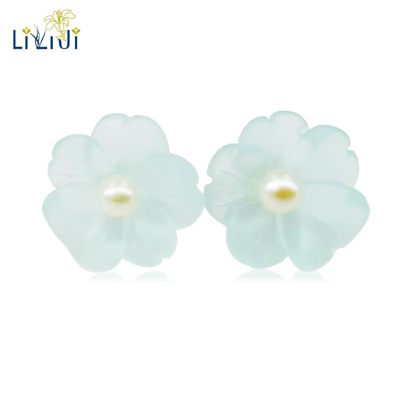 

Lii Ji Real 925 Sterling Silver Natural Blue Crystal Flowers Freshwater Pearl Stud Earrings For Women Gift Dropshipping