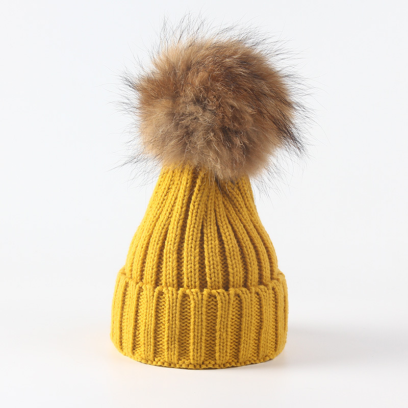 

Children Autumn Winter Fur Hats Women Thick Knitted Warm Cap Raccoon Hats Real Fur Pompom Beanies Cap For Fashion Boys Girls, Black