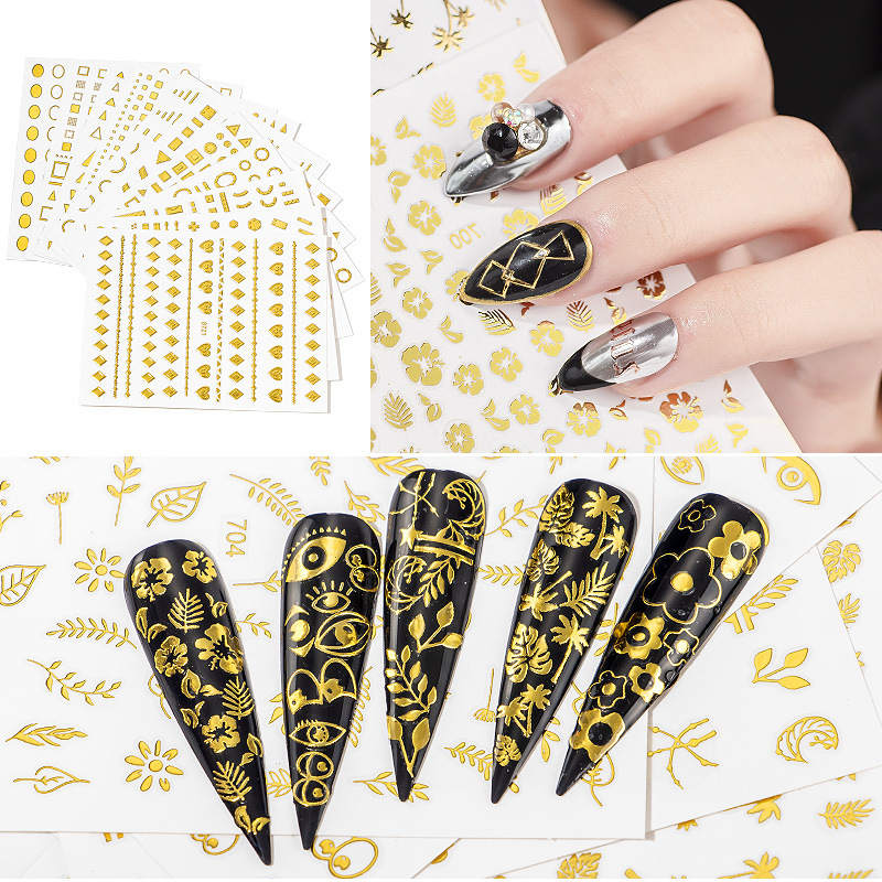 

3D Gold Nail Art Flowers Geometric Stickers Metal Sticker Decals Holographic Nails Manicure Decorations