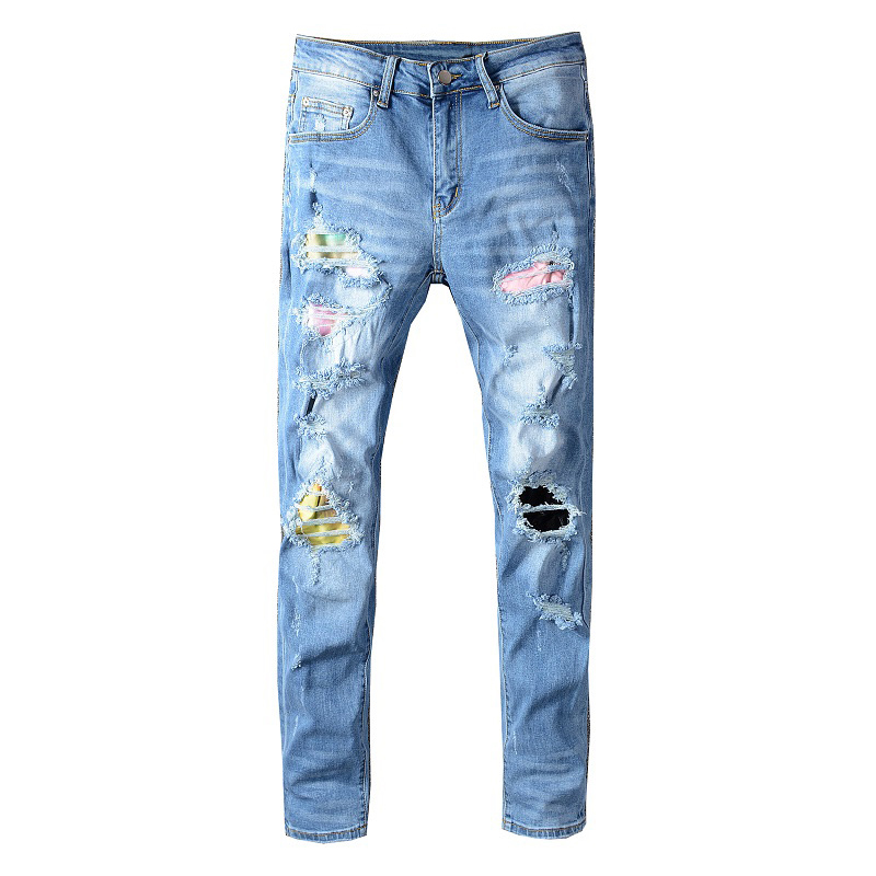 

Men's Fancy Color Patch Design Patchwork Ripped Jeans Streetwear Slim Skinny Stretch Denim Pants, Blue