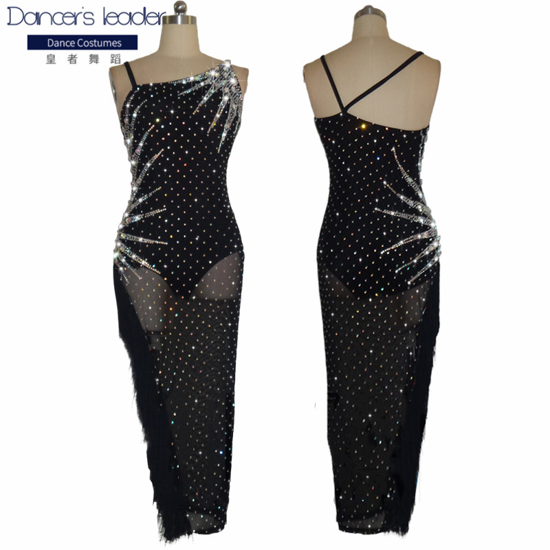 

Latin Dance Dress Competition Dress Costumes Skirt Performing Sparkly Rhinestones Black Slim Fit Stretch Velvet Customize