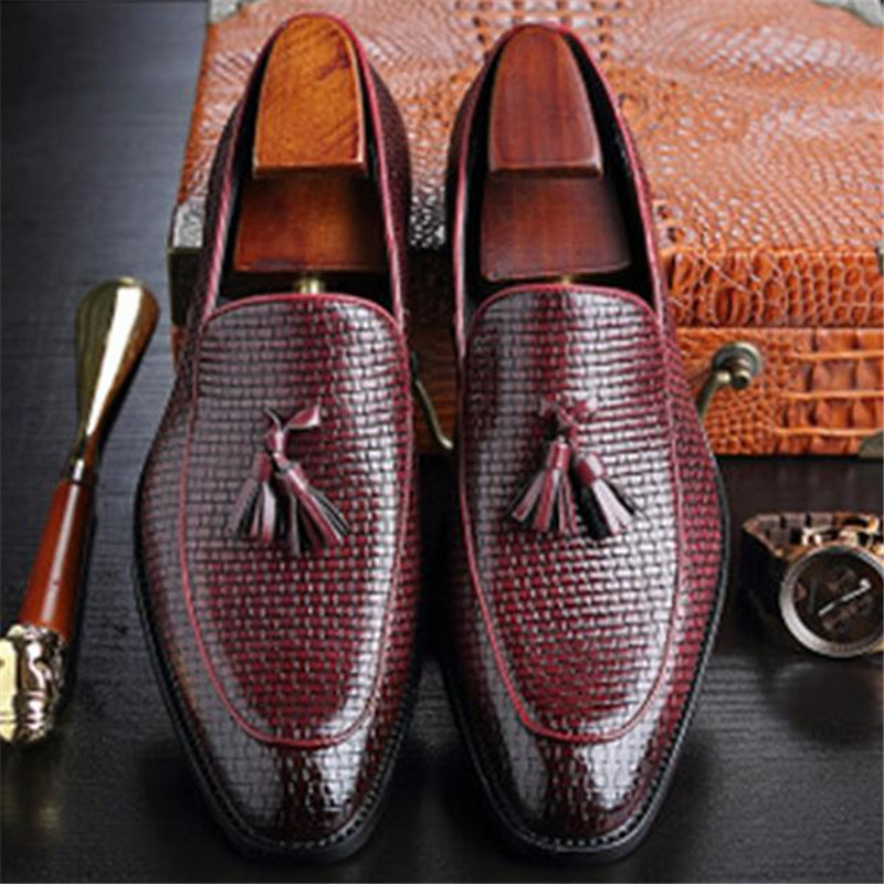 

Big Size 37-48 Genuine Leather Pointed Toe Business Formal Shoes Male Gingham Tassel Pendant Dress Wedding Shoes, Black