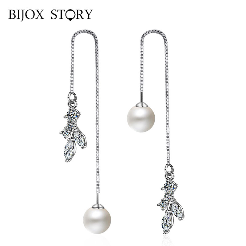 

BIJOX STORY Trendy 925 Silver Drop Earrings with Natural Freshwater Pearl Zircon Gemstone Fine Jewelry Earring for Women Wedding