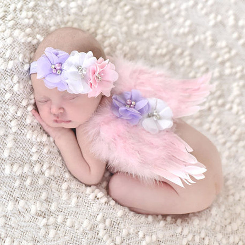 

Cute Newborn Baby Girls Feather Angel Headband Photo Photography Prop 3D Flowers Pearl Patchwork Headwear Angle 0-3M, Pink