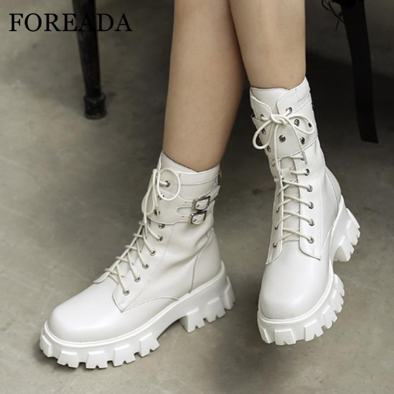 

FOREADA Real Leather Motorcycle Boots Woman High Heel Ankle Boots Platform Lace Up Buckle Zip Thick Heel Female Shoes 41, Black velvet lining