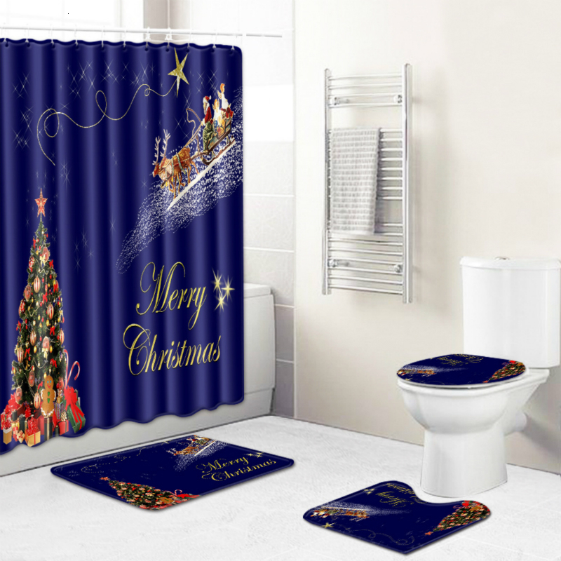 

Christmas Shower Curtain Non-slip Bath Mat Toilet Pad Set Painting Waterproof Fabric Kitchen Bathroom Curtain Carpet Home Decor