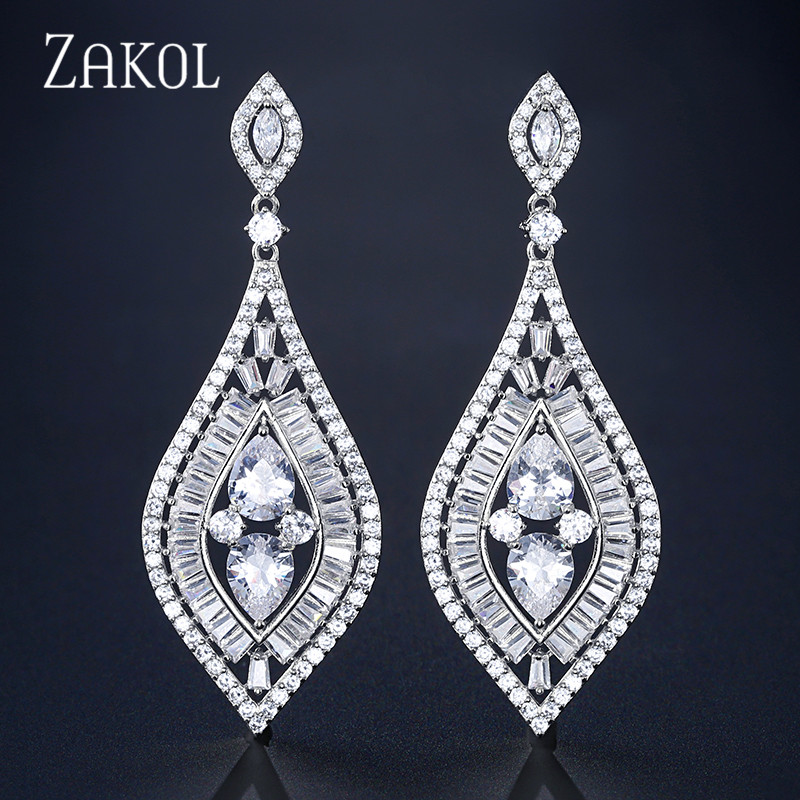 

ZAKOL Famous Bridal Wedding Design Luxury Popular Baguette Cubic Zirconia Dangle Earring Fashion Jewelry FSEP2257