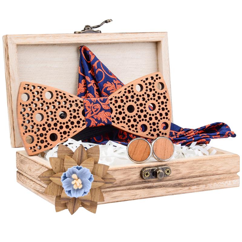 

Wood Bow tie Handkerchief Cufflinks Brooch Set for Men Gift Wooden Bow Tie Bowknots for Wedding Ties Pocket Square Hanky Cravat