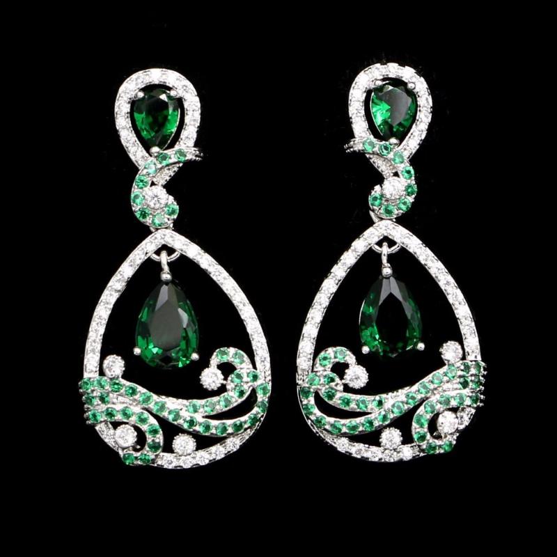 

Silver 925 Bridal Earrings Water Drop Natural Green Cubic Zirconia White Crystal For Women Wedding Accessories