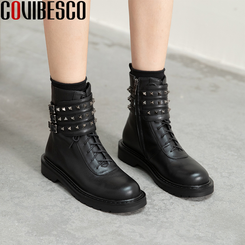 

COVIBESCO Casual Punk Women Rivets Ankle Boots Autumn Winter Low Heels Shoes Woman Chain Genuine Leather Zipper Motorcycle Boots, Black