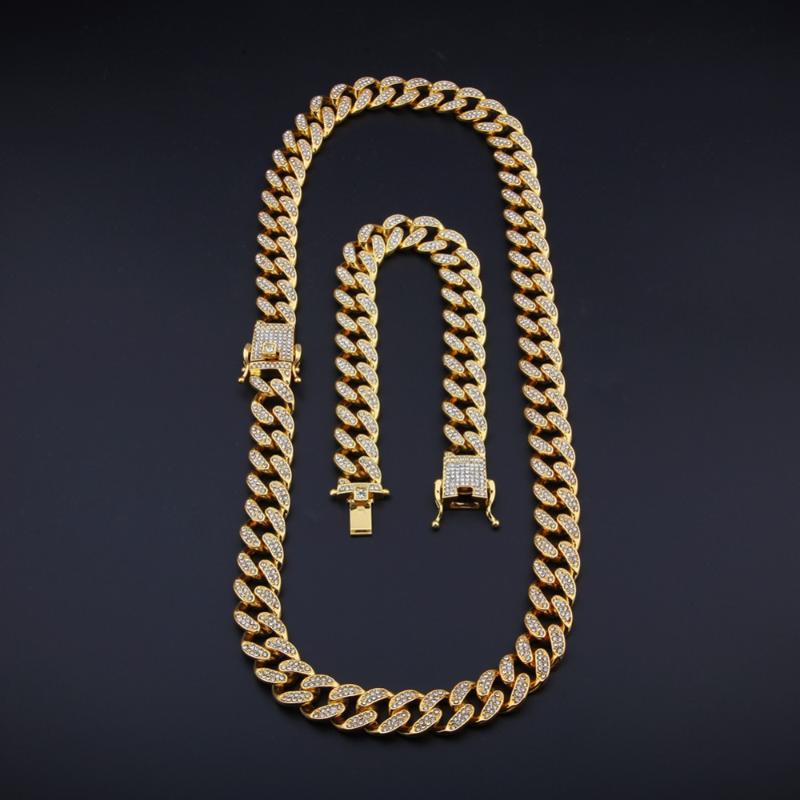 

Men Maimi Cuban Link Chain Iced Bling 13mm Necklace Bracelet Gold Silver Color Iced Out Rhinestone Jewelry Mens Hip Hop Jewelry