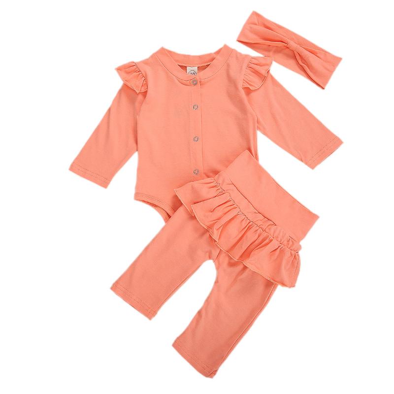 

3Pcs Infant Newborn Kid Baby Girl Clothes Long Sleeve Romper + Ruffle Pants + Knot Headband Outfits Autumn Cute Set Clothes, Blue