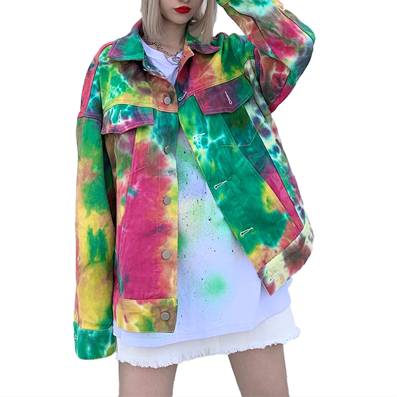 

PERHAPS U women multicolor tie-dyeing denim loose punk jacket button pocket turn down collar graffiti print C0529, Multi