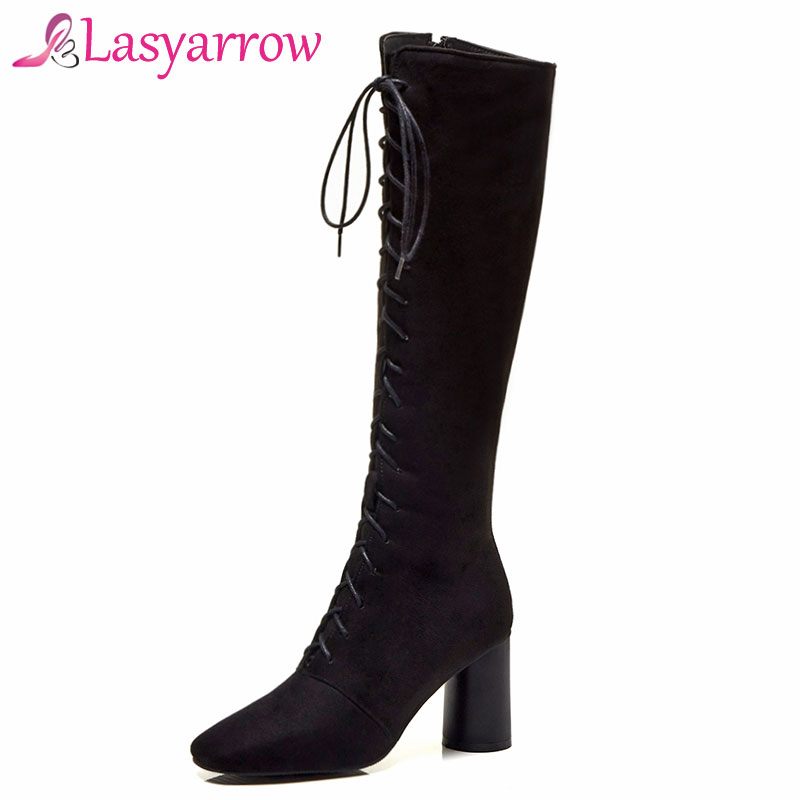 

Lasyarrow Knee High Motorcycle Boots Thick High Heels Square Toe Boots Solid Black Ladies Footwear Zipper Lacing Botas