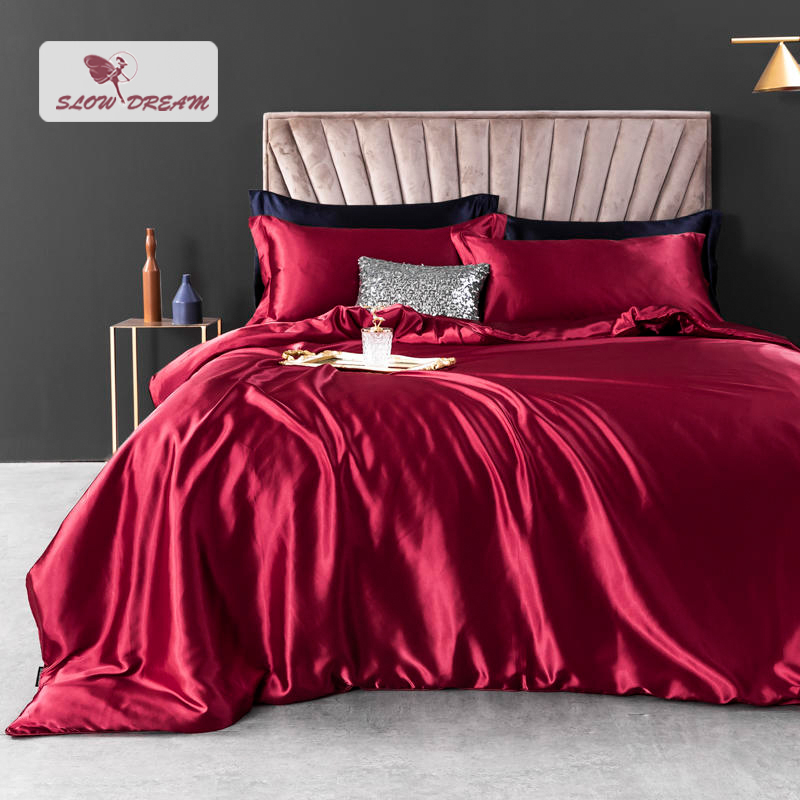 

SlowDream Wine Red Home Decor Bedding Set 100% Silk Duvet Cover Flat Sheet Pillowcase Double  King Bedspread Luxury Linens, 009