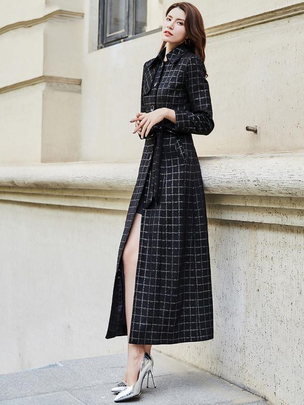 

Black Plaid Women Trench Coat Medium Long Overcoat Large Size 2020 New Single Breasted Elegant Female Windbreaker -3XL