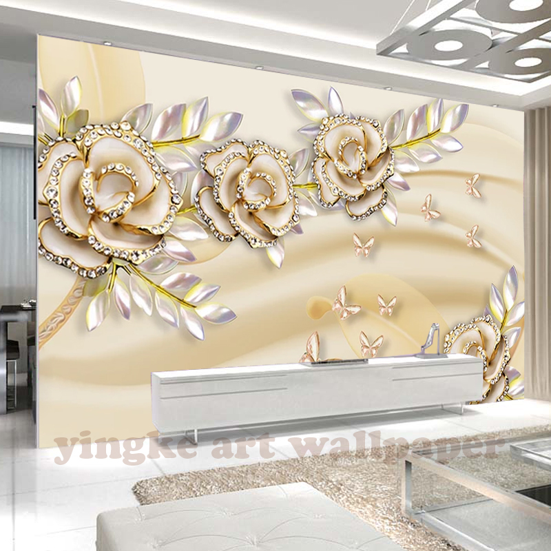 

Custom Mural Wallpaper European Style 3D Stereoscopic gold rose leaf fashion Glitter Wallpaper, As pic