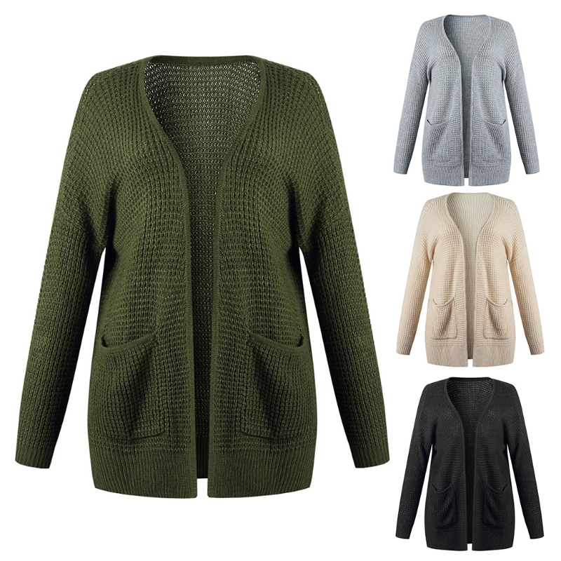 

Women Autumn Long Sleeve Sweater Cardigan Open Front Waffle Knitted Outwear Solid Color Casual Loose Side Split Coat with Pocket, Beige
