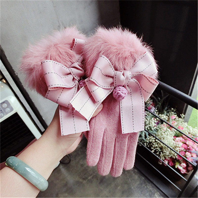 

Women's Winter Wool Gloves Real Fur Elegant Bowknot Female Mittens Cashmere Gloves