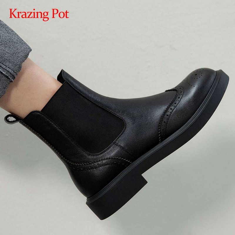 

Krazing pot stretch boots natural leather british design round toe thick med heel slip on young lady keep warm ankle boots L80, Black