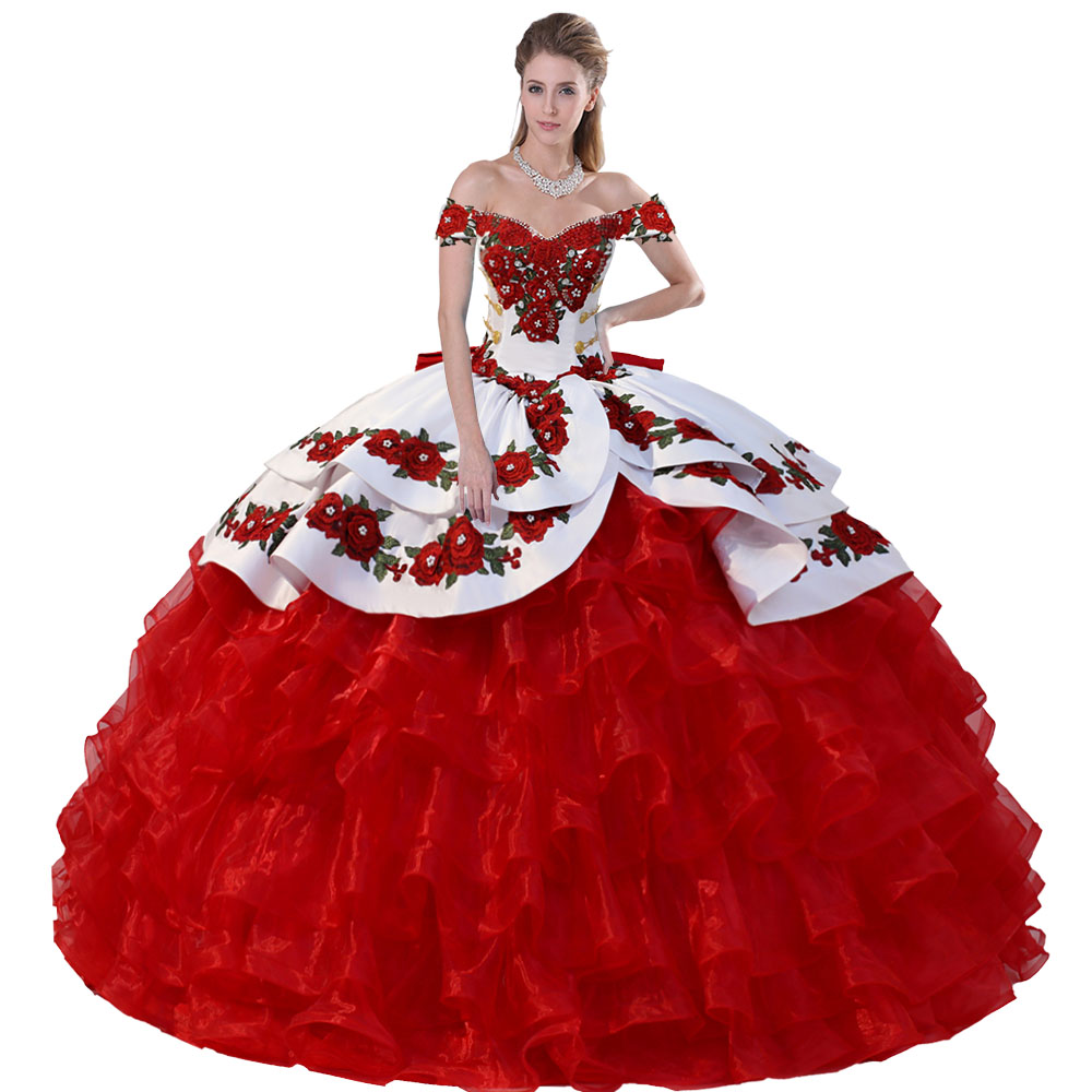 

Vibrant Off Shoulder Embroidered 3D Rose Flowers Quinceanera Dress Mexican Charro Medallions White and Red Quince XV Ball Gown With Bowknot, White with fuchsia