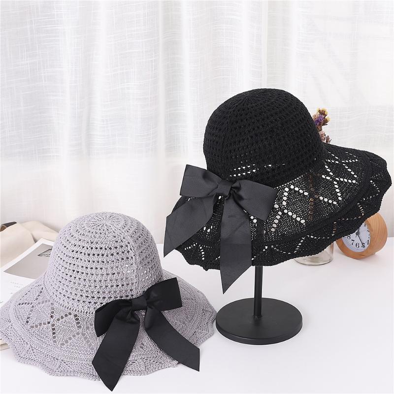 

Women Big Bow Sun Hat Summer Knitted Sunscreen Caps Elegant Wild Beach Cap Foldable Hollow Girls Casual Hats Sunhat Solid 2020, Black