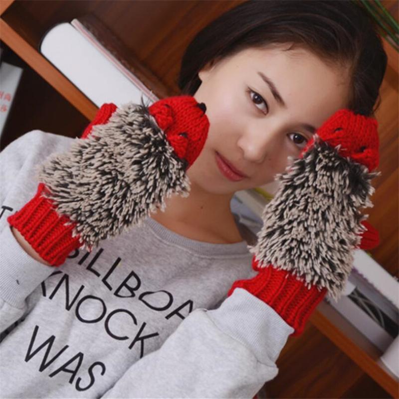 

YGYEEG Warm Cartoon Hedgehog Winter Gloves Women Hand Warmers Knit Cotton Wris Mittens Guantes Mujer Femme Girls Fashion Mittens
