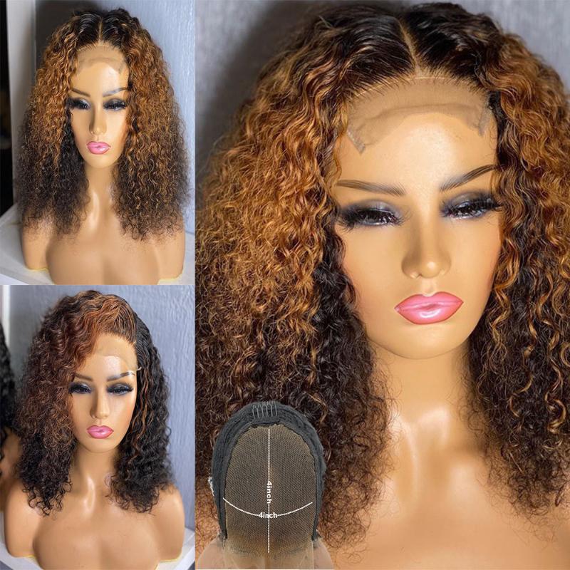 

Honey Blonde Colored Human Hair Wig Ombre Highlight 4x4 Lace Closure Wig Glueless Remy Curly Short Bob Pre Plucked Atina, As pic