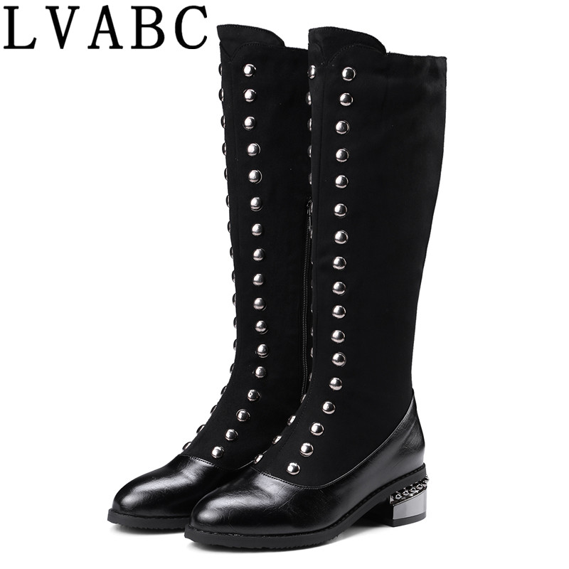 

2020 Fashion Women Riding Boots Chunky Low Heel Knee High Boots Buckle Side Zipper Up Winter Shoes Rivets Plus Size 32-48, Black single