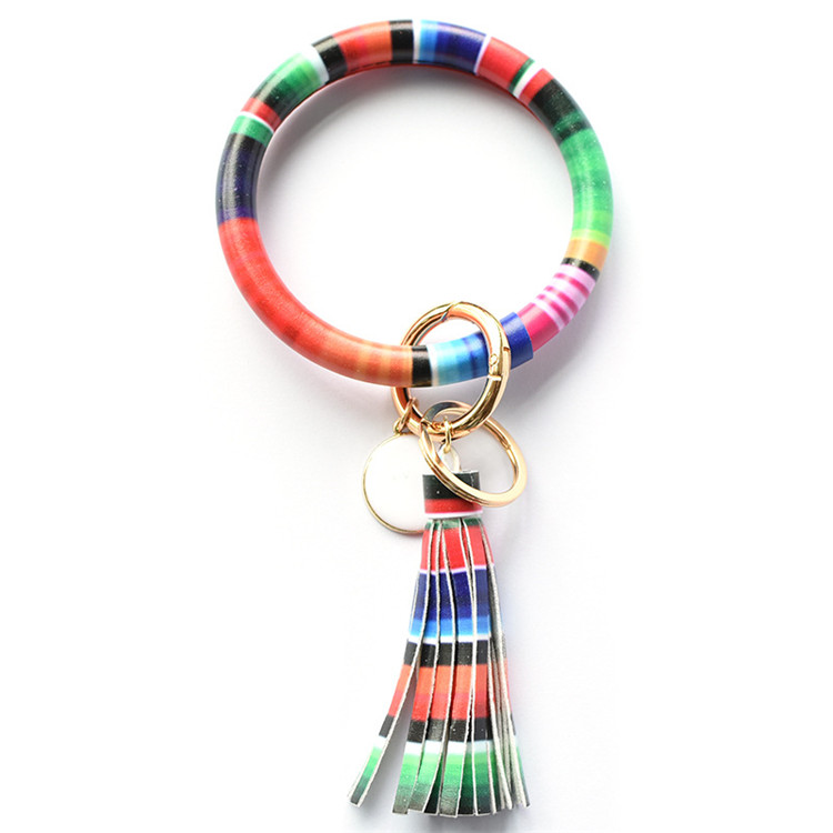 

Hot Women Tassels Bracelets PU Leather Wrap Key Ring Leopard Lily Print Keychain Wristband Sunflower Drip Oil Circle Bangle Wristlet HHF1619