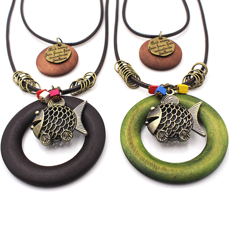 

Retro Necklace Ethnic Style Female Literary Minimalist Double Wooden Letters Small Fish Tassel Long Necklace Sweater Chain