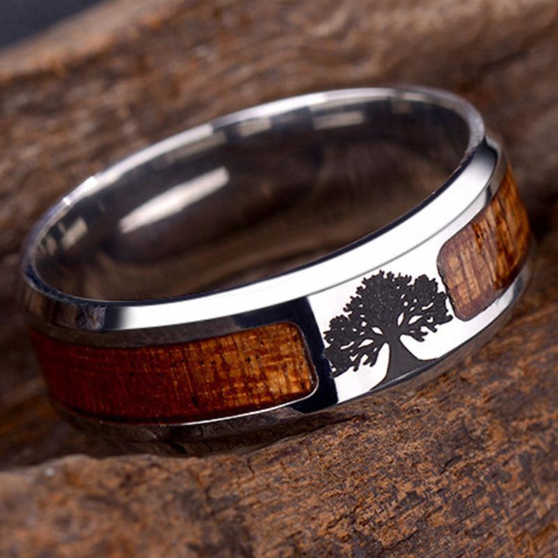 

Unisex Wood Inlaid Tree Of Life Cross Finger Stainless Steel Ring Men Jewelry Gift Inlaid Acacia Half Circle Rings For Women