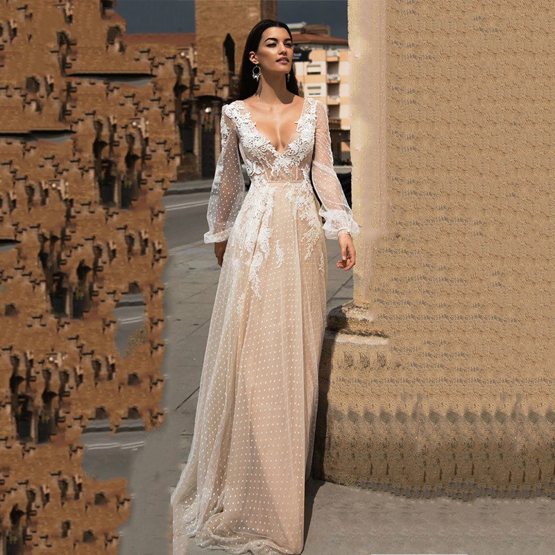 

Lace Applique A-Line Ruffle Wedding Dress Puff Sleeves Tulle Boho Wedding Gowns Vestido De Novia V Neck Bride Dresses Brautkleid, Custom made color color pictures