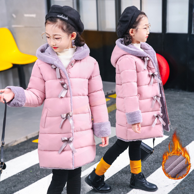 

3-12 years old baby girl jacket new girl clothes winter cotton coat jacket plus velvet thick warm down long hooded, Black