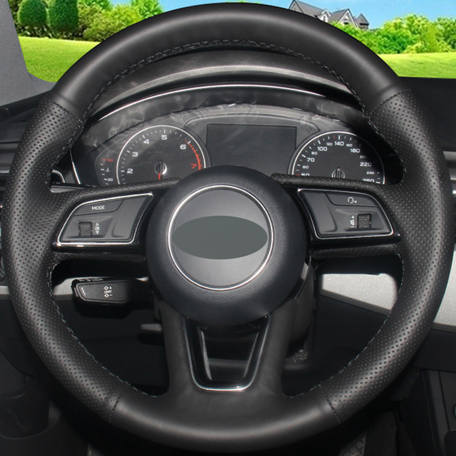 

Black Genuine Leather DIY Hand-stitched Steering Wheel Cover for Audi A4L A5 2017 Free shipping