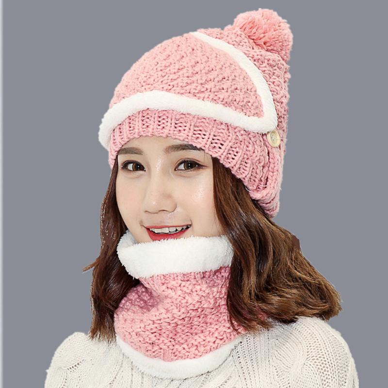 

Neck warmer cap scarf set fur Wool velvet Thick Warm Knitted beanies balaclava Winter beanies For women Skullies bonnet