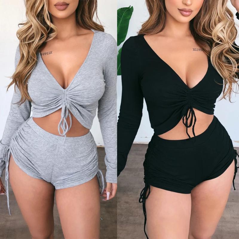 

New Autumn Spring 2 Piece Set Tracksuit Sportswear Streetwear Women Fashion Sexy Long Sleeve V Neck Crop Tops+Drawstring Shorts, Black