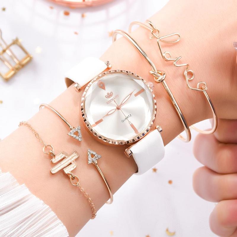 

5PCS Women Watches With Bracelet Luxury Leather Band Women Sports Quartz Clock Ladies Business Wrist Watch Gift Relogio Feminino, Black