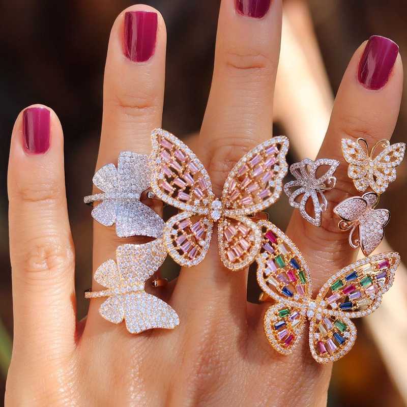 

Butterfly Cocktail ring for women Luxury gold pink rainbow cz paved Open adjusted Fashion Jewelry