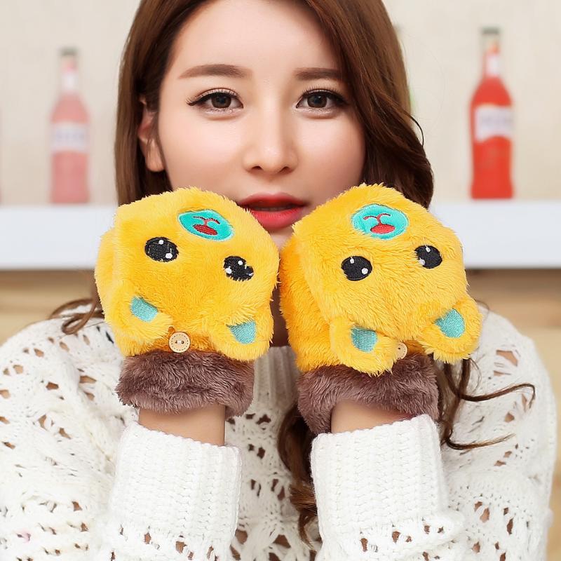 

Women Cute Plush Mittens Outdoor Warm Soft Short Fingerless Touchscreen Gloves Half Finger Winter Flip Cartoon Bear Glove ST1645