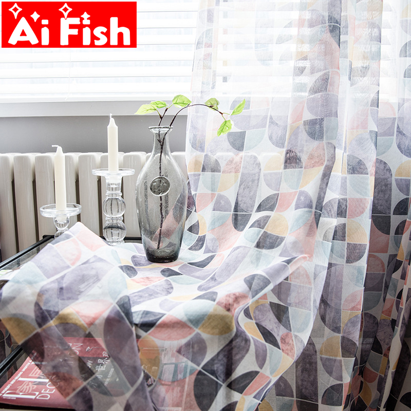 

Color semicircle triangular pattern curtain fabric modern minimalist European polyester cotton printed bedroom curtains zh204#3, Color 1 tulle
