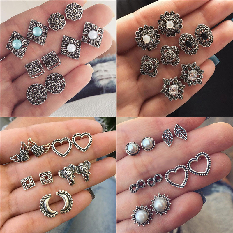 

Modyle Silver Color Vintage Simulated Pearl Heart Flower Stud Earrings Set for Woman Bohemia Opal Earrings Jewelry